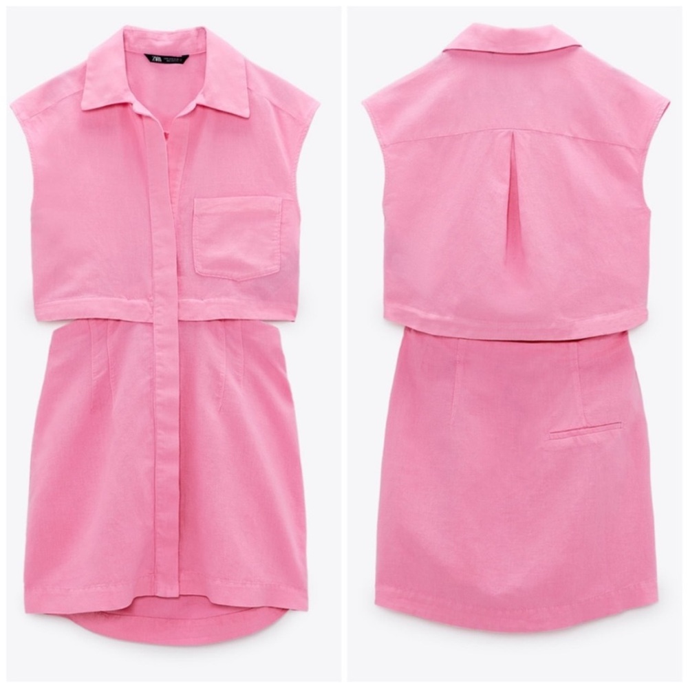 Zara Two Piece Linen Blend Pink Pink Sleeveless Shirt Dress size Large NWOT